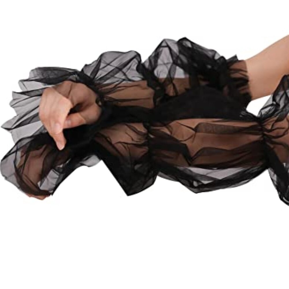 Women's Long Tulle Gloves Lace Semi Sheer Puffy Sleeves Fingerless Gloves